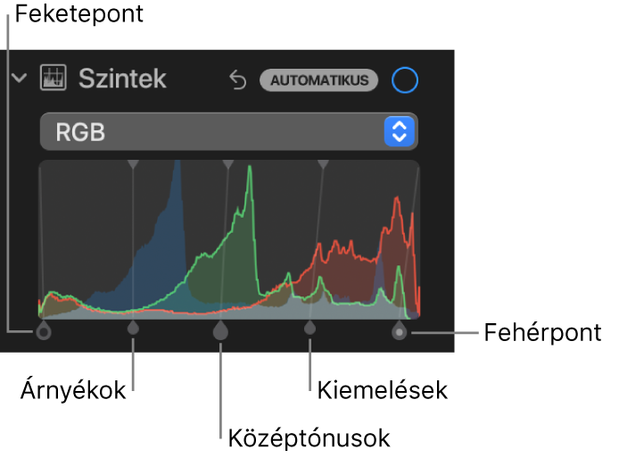 A Beállítás panel szintek vezérlői az RGB-hisztogrammal és az alatta látható fogókkal, többek közt (balról jobbra) a feketepont, az árnyékok, a középtónusok, a csúcsfények és a fehérpont vezérlőivel.