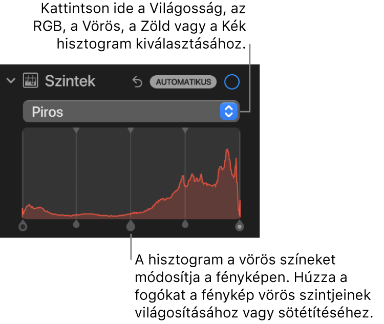 A Beállítás panel szintek vezérlői a Vörös-hisztogrammal és az alatta látható, a fotó vörös szintjeinek beállítására szolgáló fogókkal.