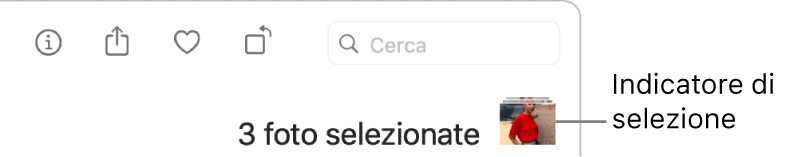 Un indicatore di selezione con tre foto selezionate.