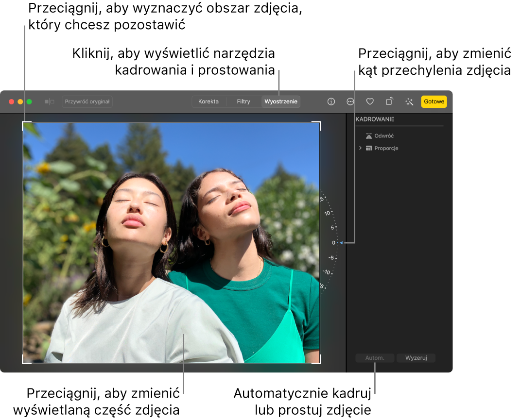 Zdjęcie w widoku edycji. Na pasku narzędzi zaznaczona jest opcja Kadrowanie. Wokół zdjęcia widoczny jest prostokąt zaznaczenia. Po prawej stronie zdjęcia znajduje się koło pochylania. W prawym dolnym rogu umieszczony jest przycisk Autom.