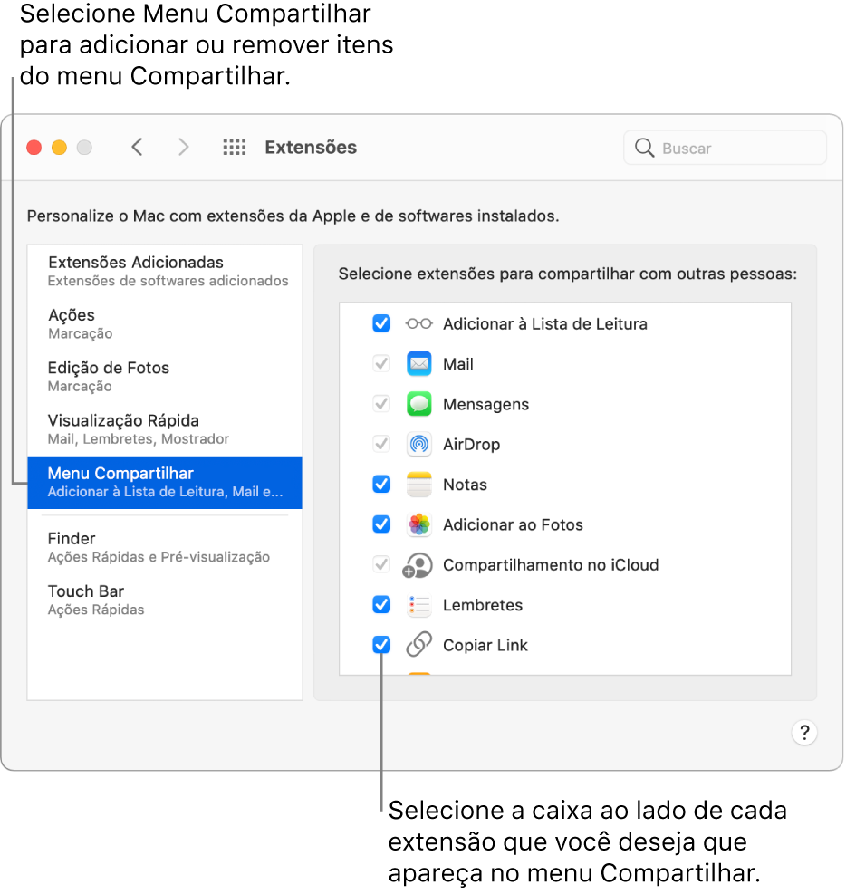 O painel Extensões das Preferências do Sistema, mostrando o menu Compartilhar selecionado e uma lista de extensões de terceiros à direita.