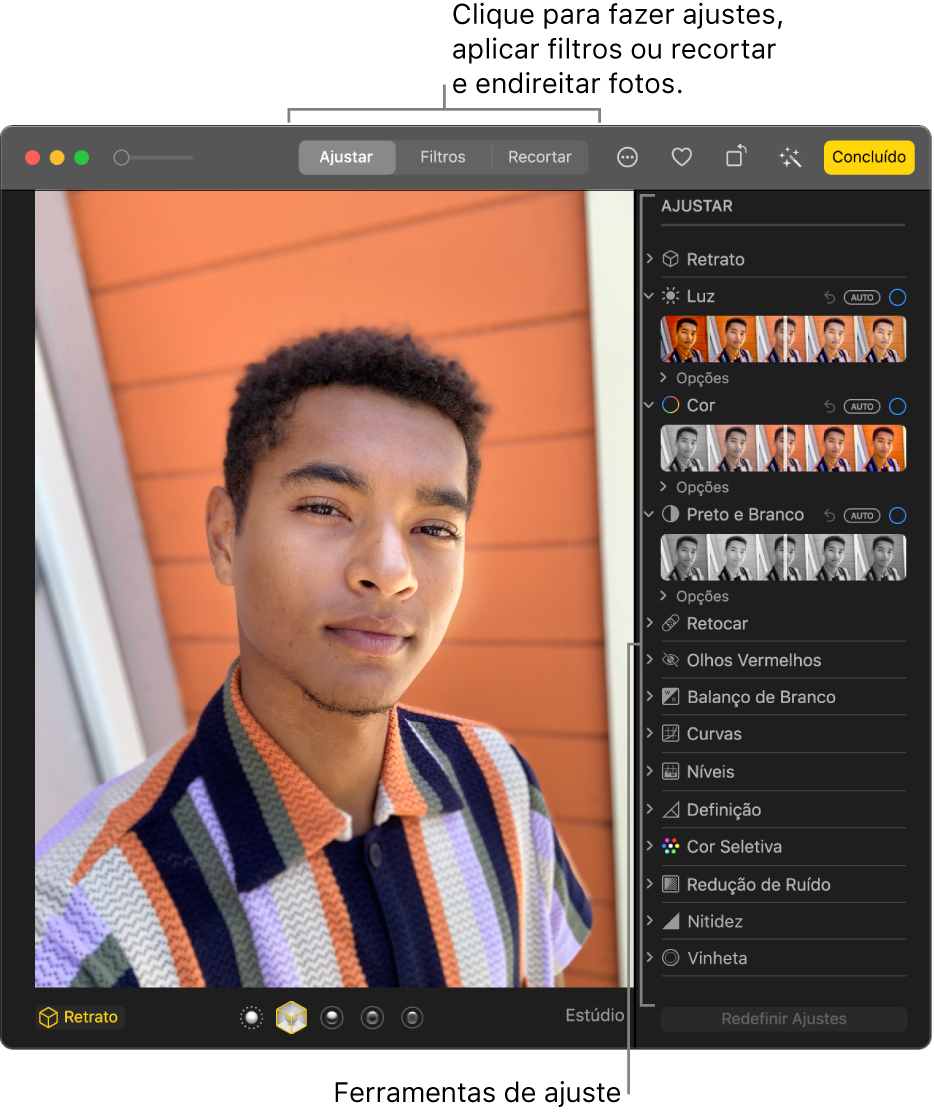 Foto na visualização de edição com ferramentas no painel Ajustar à direita.