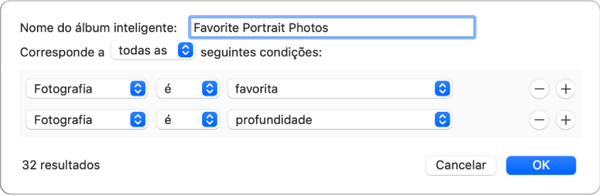 Uma caixa de diálogo a mostrar os critérios para um álbum inteligente que reúna fotografias com efeito de profundidade que tenham sido marcadas como favoritas.