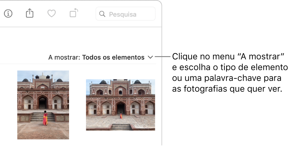 O menu pop-up “A mostrar” definido para mostrar todos os elementos.