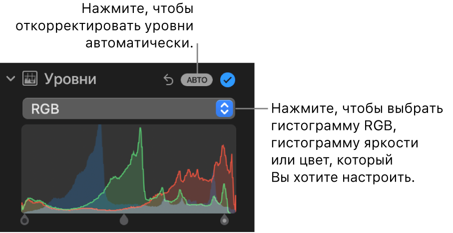 Элементы управления уровнями в панели «Коррекция». В правом верхнем углу показана кнопка «Авто», под которой находится гистограмма RGB.