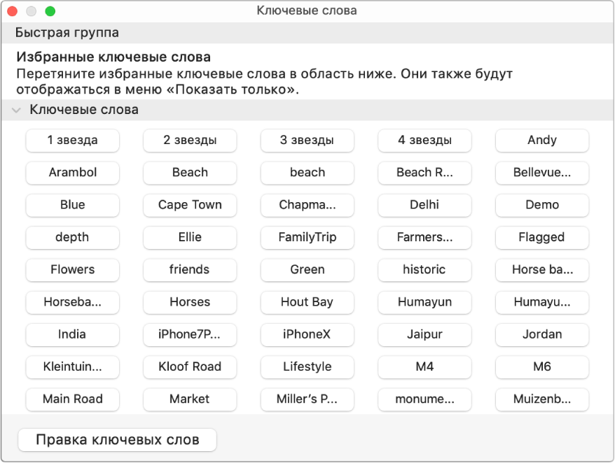 Ключевые слова в окне Менеджера ключевых слов.