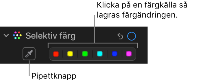 Reglaget för selektiv färg på panelen Justera med pipettknappen och färgkällor.