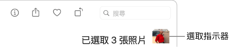 選取指示器顯示已選取三張照片。