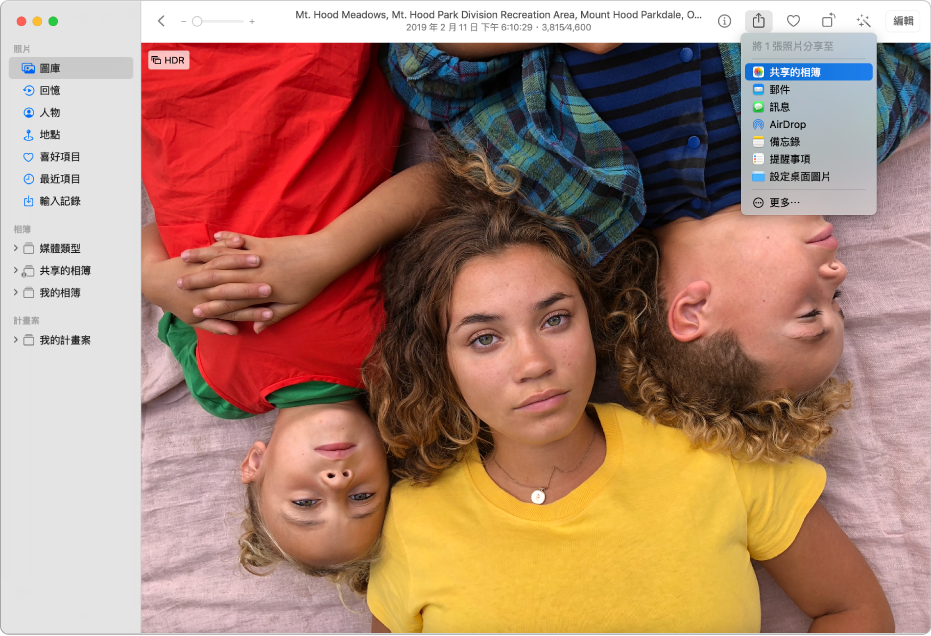 「照片」視窗顯示照片，以及已選取「共享的相簿」指令的「分享」選單。
