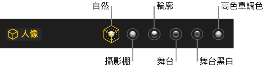 人像模式光線效果選項，由左至右包含「自然」、「攝影棚」、「輪廓」、「舞台」、「舞台黑白」、「高色調單色」。