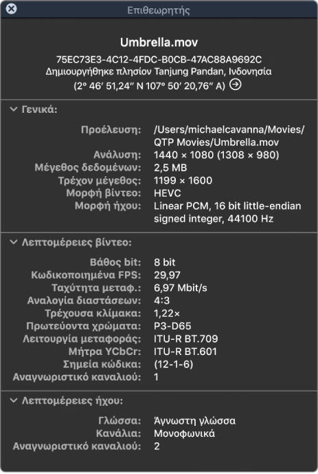 Ο Επιθεωρητής ταινίας όπου εμφανίζονται γενικές πληροφορίες για το αρχείο, όπως η ανάλυση, το μέγεθος δεδομένων και η μορφή βίντεο και ήχου. Το παράθυρο δείχνει επίσης τις λεπτομέρειες βίντεο και ήχου για το επιλεγμένο αρχείο.