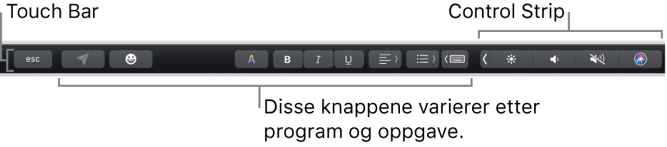 Touch Bar langs toppen av tastaturet, som viser minimert Control Strip til høyre og knapper som varierer avhengig av program eller oppgave.