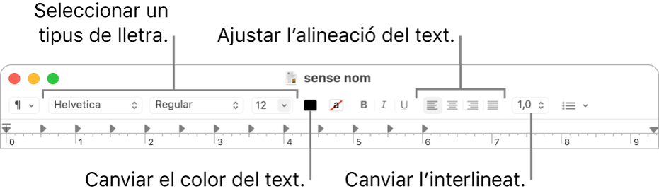 Barra d’eines del TextEdit per a un document de text enriquit, on es mostren el tipus de lletra i els controls d’alineació i d’espaiat del text.