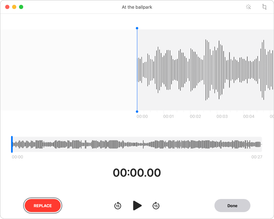 A Voice Memos recording. Drag the blue vertical line (playhead) to where you want to edit. To record new audio to replace the existing audio, click the Replace button on the left. To delete excess audio, click the Trim button in the top-right corner.