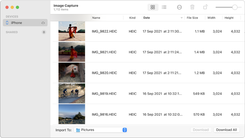 The Image Capture window showing pictures to be imported from an iPhone.