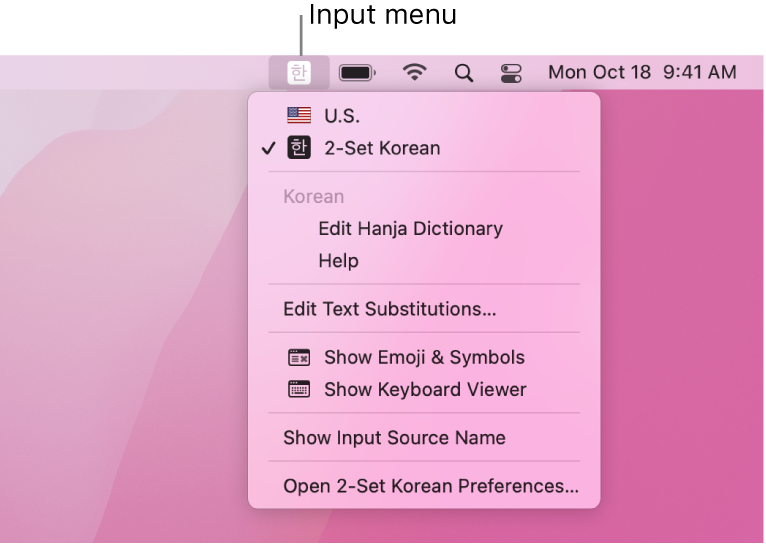 The Input menu showing 2-Set Korean selected in the list of languages. At the bottom of the menu is the Open 2-Set Korean Preferences option.