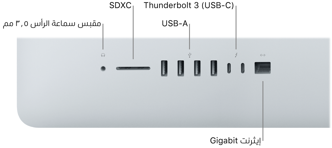 كمبيوتر iMac يظهر فيه مقبس سماعة الرأس ٣,٥ بوصة وفتحة SDXC ومنفذا USB A ومنفذا Thunderbolt 3 ‏(USB-C) ومنفذ غييغابت إيثرنت.