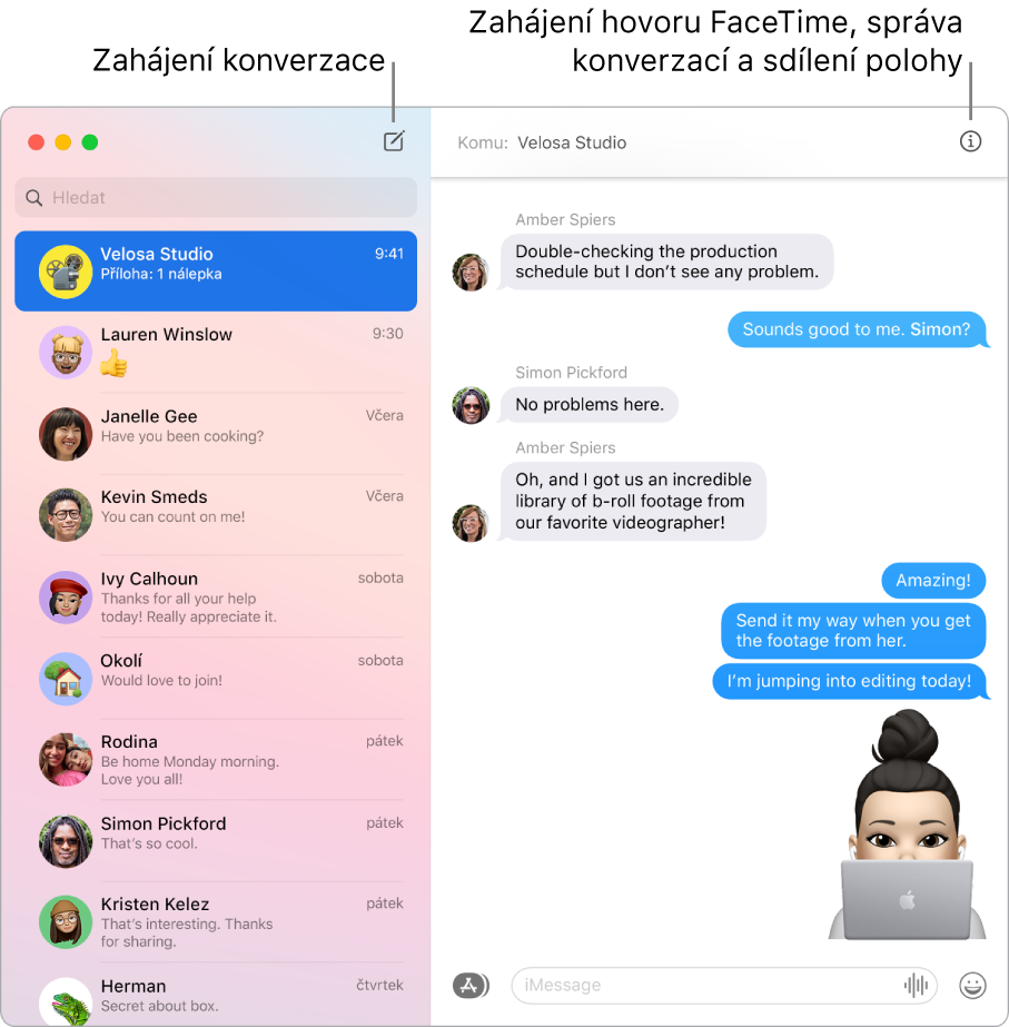 Okno Zprávy s informacemi o tom, jak zahájit konverzaci nebo hovor FaceTime