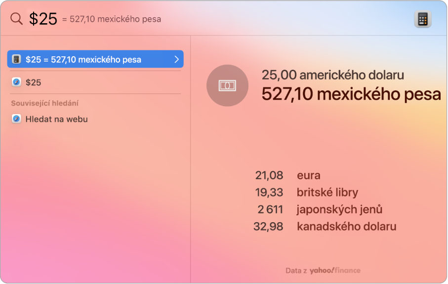 Snímek obrazovky s převodem částky v dolarech na pesos, který se zobrazuje v řádku nejlepšího výsledku, a s několika dalšími vybranými výsledky pod ním