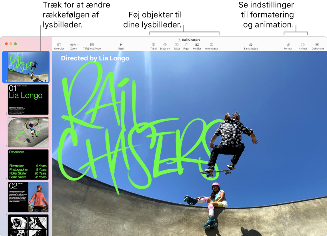 Et Keynote-vindue med lysbillednavigatoren til venstre, en anvisning på, hvordan du flytter rundt på lysbilleder, værktøjslinjen og dens redigeringsværktøjer øverst, knappen Samarbejd øverst til højre og knapperne Format, Animer og Dokument til højre.