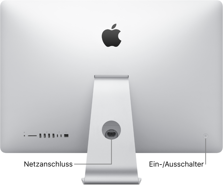 Rückansicht des iMac mit Netzkabel und Ein-/Ausschalter.