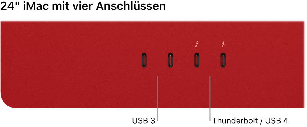 Ein iMac mit zwei Thunderbolt 3-Anschlüssen (USB-C) links und zwei Thunderbolt-/USB 4-Anschlüssen rechts.