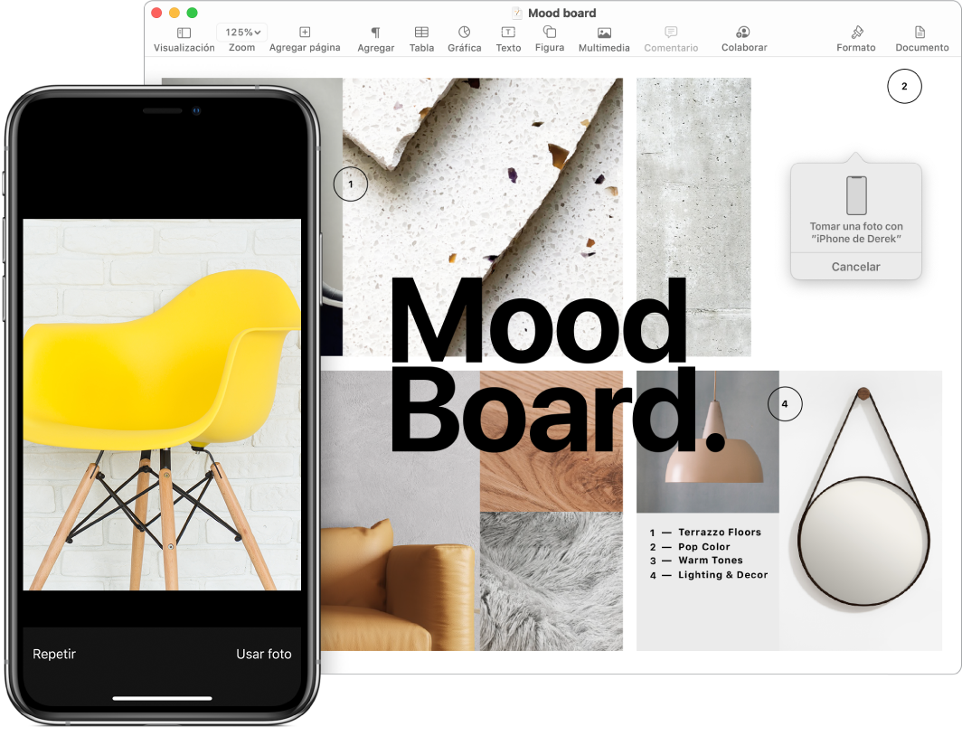 Un iPhone mostrando una fotos y la pantalla de una Mac mostrando un documento de Pages con un cuadro donde se colocará la imagen.