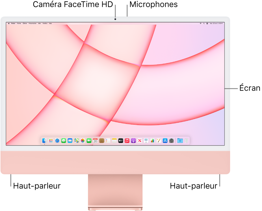 Vue frontale de l’iMac avec l’écran, la caméra, les microphones et les haut-parleurs.