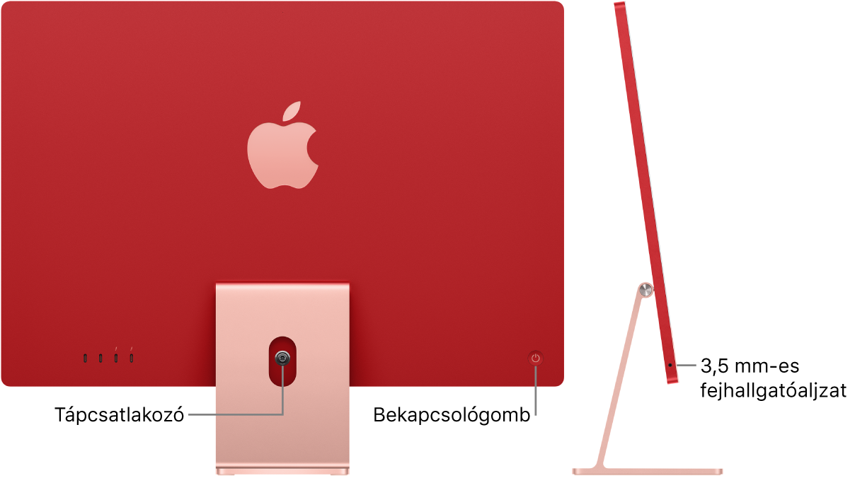 Egy iMac hátsó oldala, amelyen a tápcsatlakozó és a bekapcsológomb látható. Mellette egy oldalnézetben látható a fejhallgató aljzata.