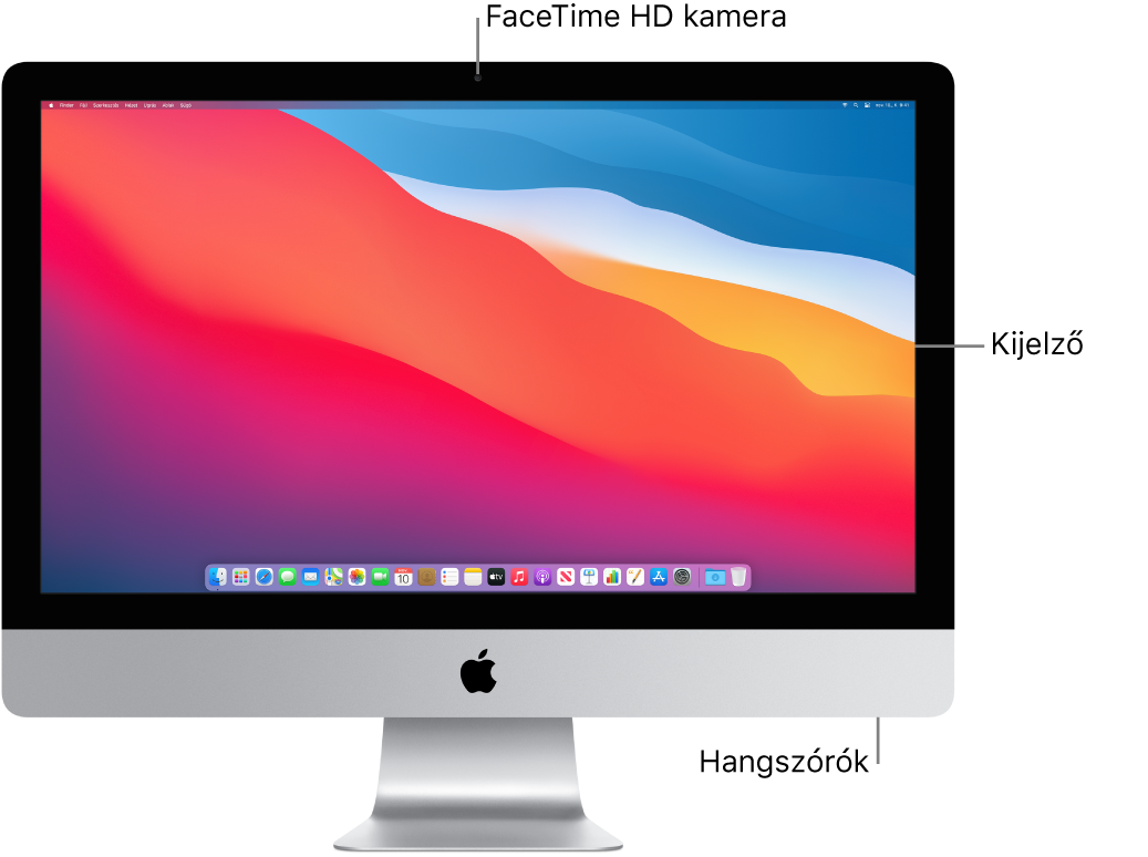 Az iMac elölnézete a kijelzővel, a kamerával és a hangszóróval.