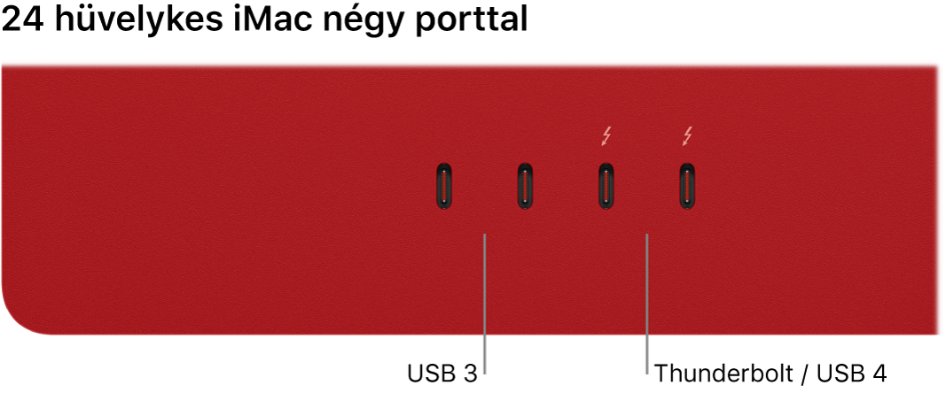 iMac két Thunderbolt 3- (USB-C) porttal bal oldalon és két Thunderbolt- / USB 4-porttal azok jobb oldalán.