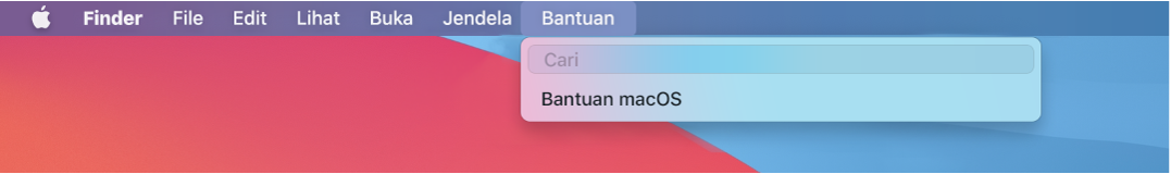 Desktop terpisah dengan menu Bantuan terbuka, menampilkan pilihan menu untuk Pencarian dan Bantuan macOS.