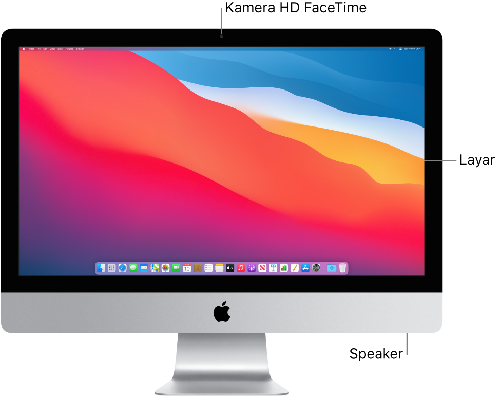 Bagian depan iMac menampilkan layar, kamera, dan speaker.