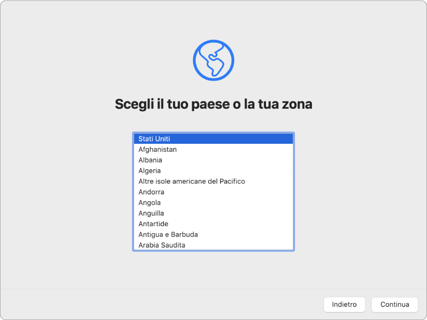 Lo schermo di un Mac con la schermata di benvenuto di Impostazione Assistita.