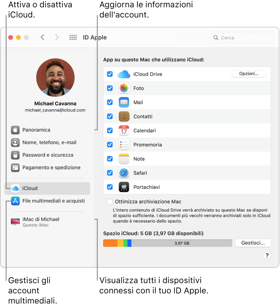 Il pannello Apple ID di Preferenze di Sistema. Fai clic su un elemento nella barra laterale per aggiornare le informazioni dell'account, attivare o disattivare iCloud, gestire gli account multimediali e visualizzare tutti i dispositivi in cui hai effettuato l'accesso con il tuo ID Apple.