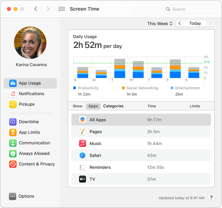 „Screen Time“ langas, rodantis laiką, praleistą įvairiose programose.