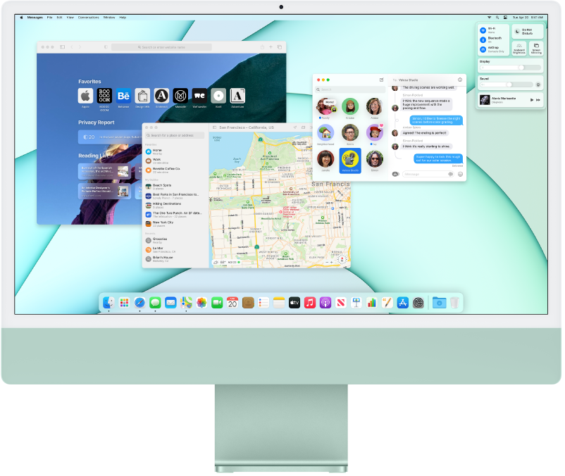 iMac datora darbvirsma ar izvēlni Control Center un vairākām atvērtām lietotnēm.