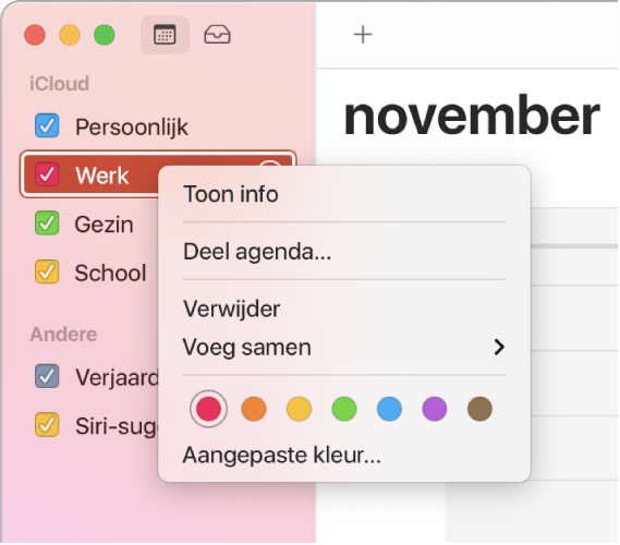 Het contextuele menu 'Agenda' met opties om de kleur van een agenda aan te passen.