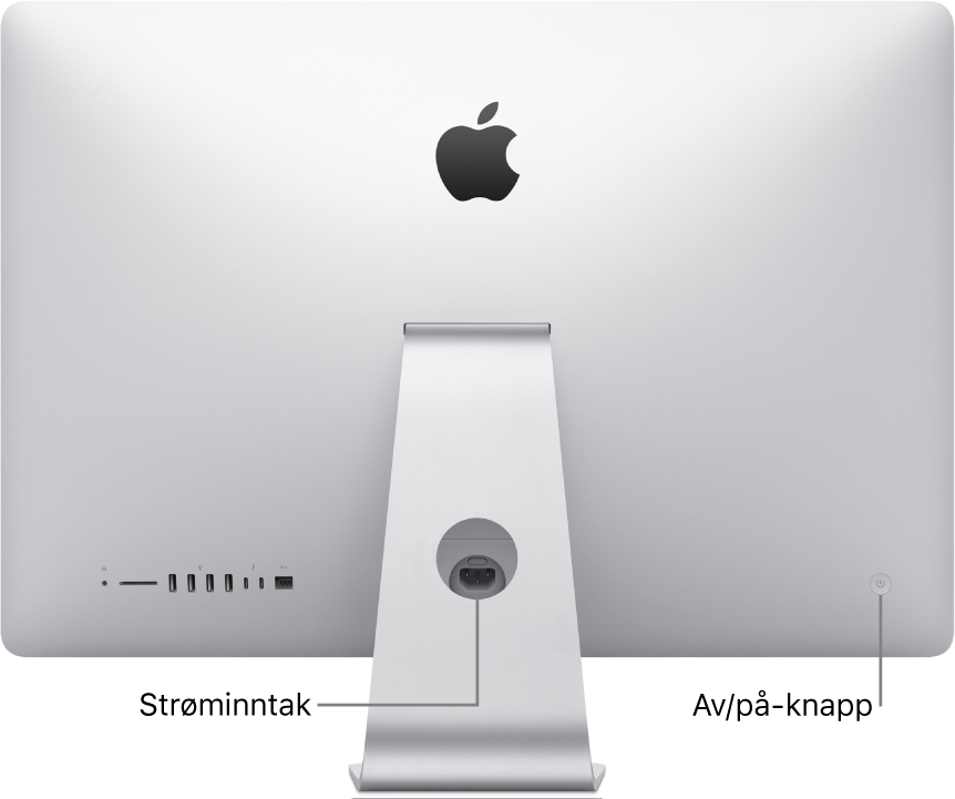 Baksiden av iMac som viser strømkabelen og av/på-knappen.