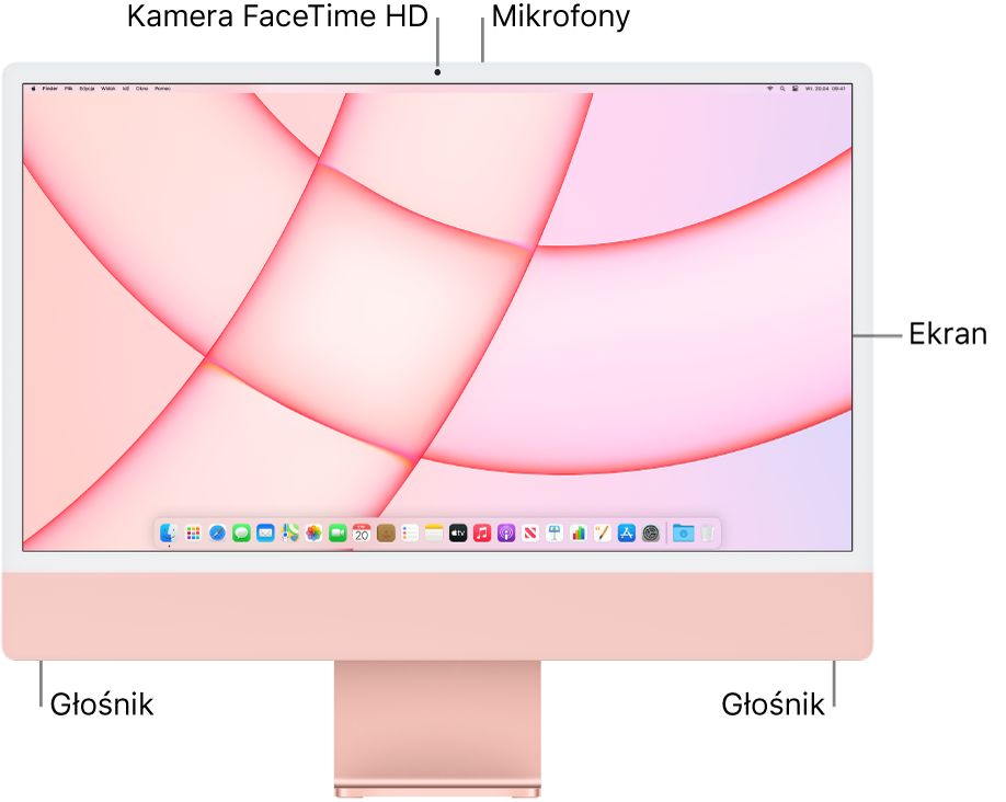 iMac widziany z przodu. Widoczny jest ekran, kamera, mikrofony oraz głośniki.