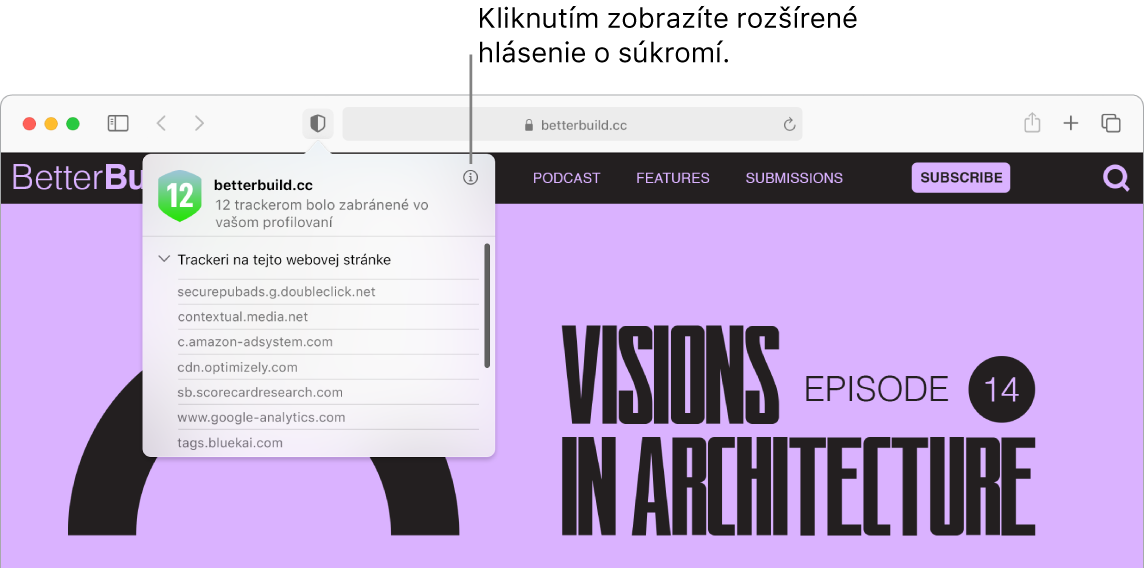 Okno Safari zobrazujúce nastavenia webovej stránky vrátane funkcií Používať čítačku vždy, keď je k dispozícii, Povoliť blokátory obsahu, Zväčšenie stránky, Autoprehrávanie a Vyskakovacie okná.