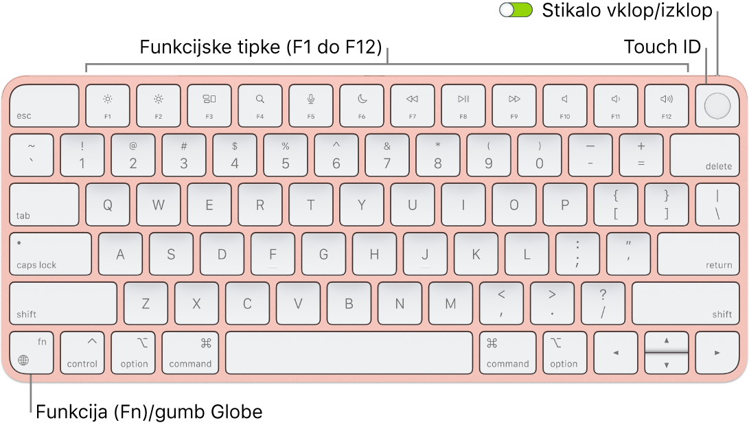 Tipkovnica Magic Keyboard s Touch ID s prikazom vrstice funkcijskih in Touch ID na vrhu in funkcijske tipke (Fn)/globus tipka v spodnjem levem kotu.