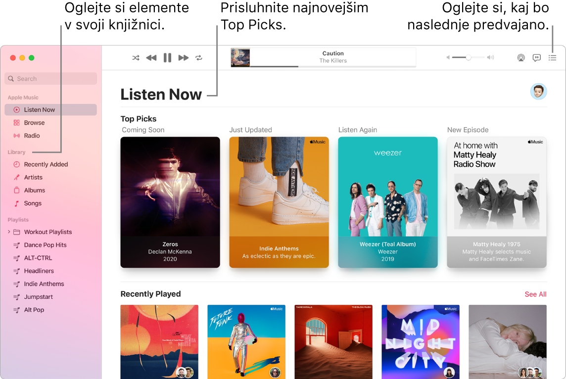 Okno aplikacije Music, v katerem je prikazano, kako si ogledate svojo knjižnico, poslušate glasbo Apple Music in si ogledate, katera skladba je naslednja.