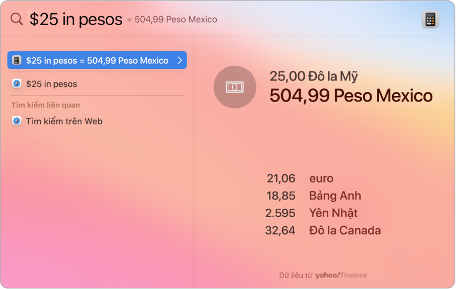 Một màn hình nền đang hiển thị đô-la được chuyển đổi sang peso với một kết quả phù hợp nhất đang hiển thị phép chuyển đổi và một vài kết quả có thể lựa chọn khác.