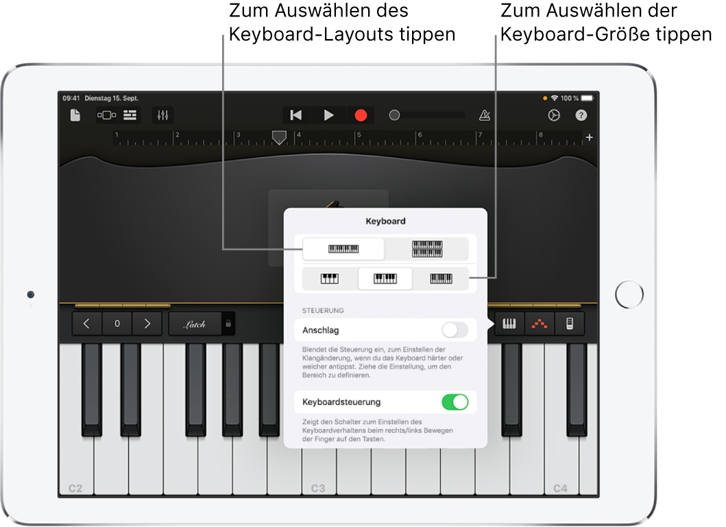 Steuerelemente für Keyboard-Layout und -Größe