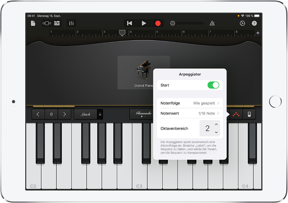 Arpeggiator-Steuerelemente des Keyboards