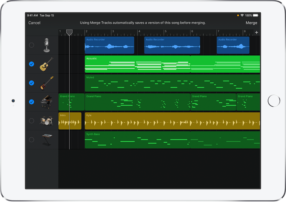 Track headers showing Merge Track circles