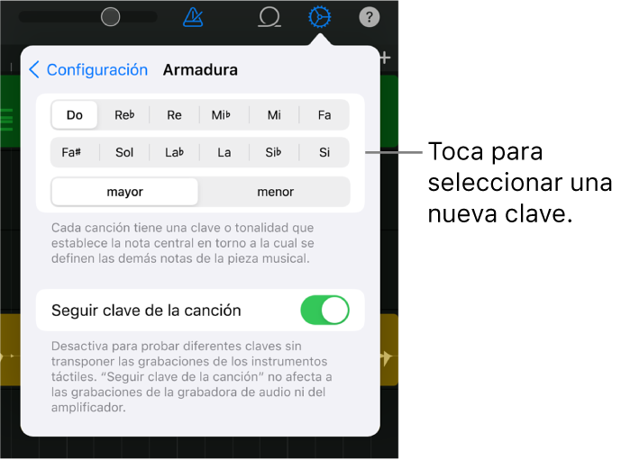 Configuración de la canción, incluidos los controles de clave