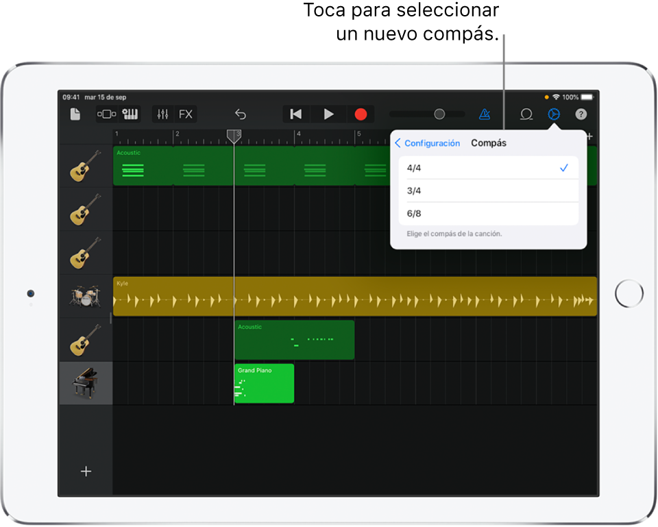 Configuración de la canción, incluidos los controles de compás