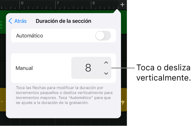 Controles para cambiar la duración de una sección de canción